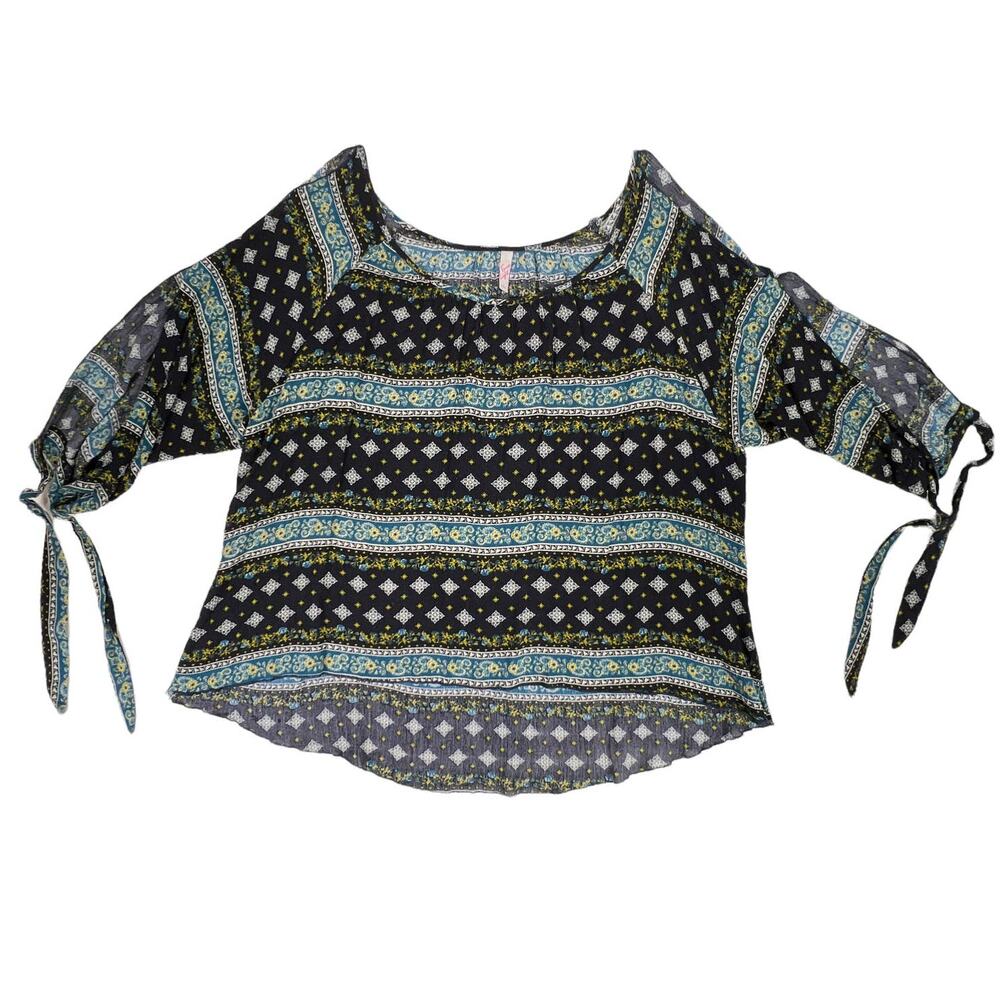 True Light Boho Floral Mixed Print Split Sleeve Cold Shoulder Top Blouse